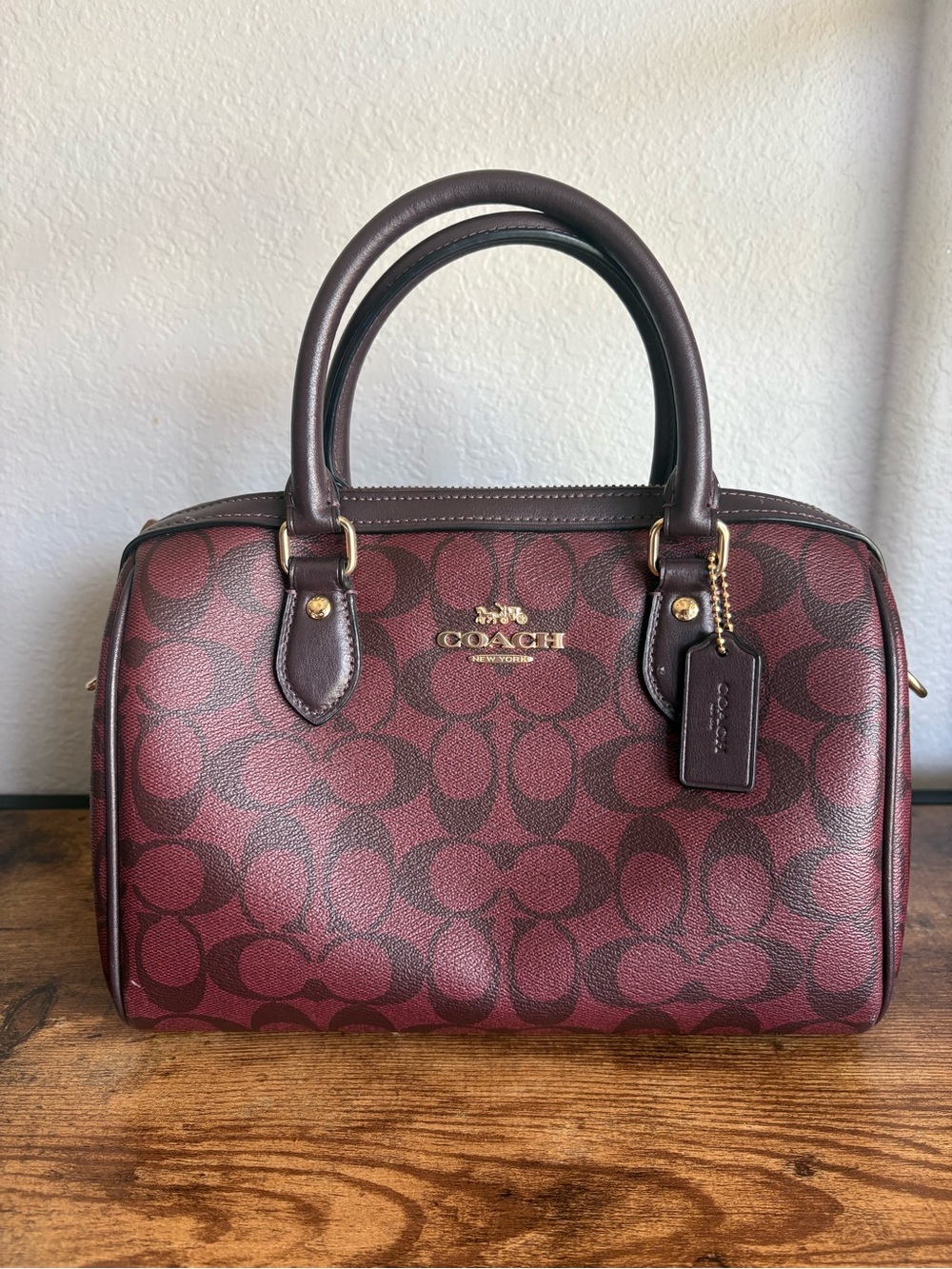 Coach Burgundy Signature Dome Satchel with Dark Brown Trim